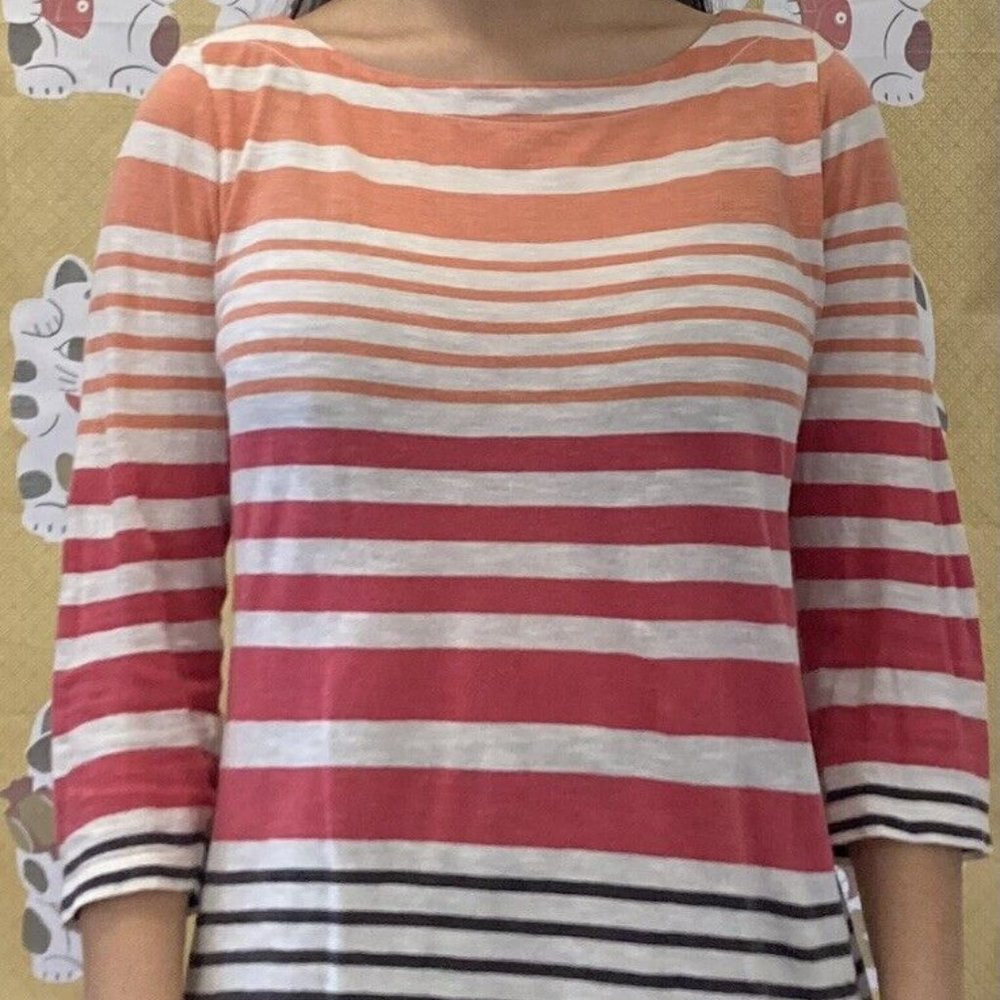 Loft Petite Small Business Casual Pink/Orange/Black/White Striped Boatneck Top